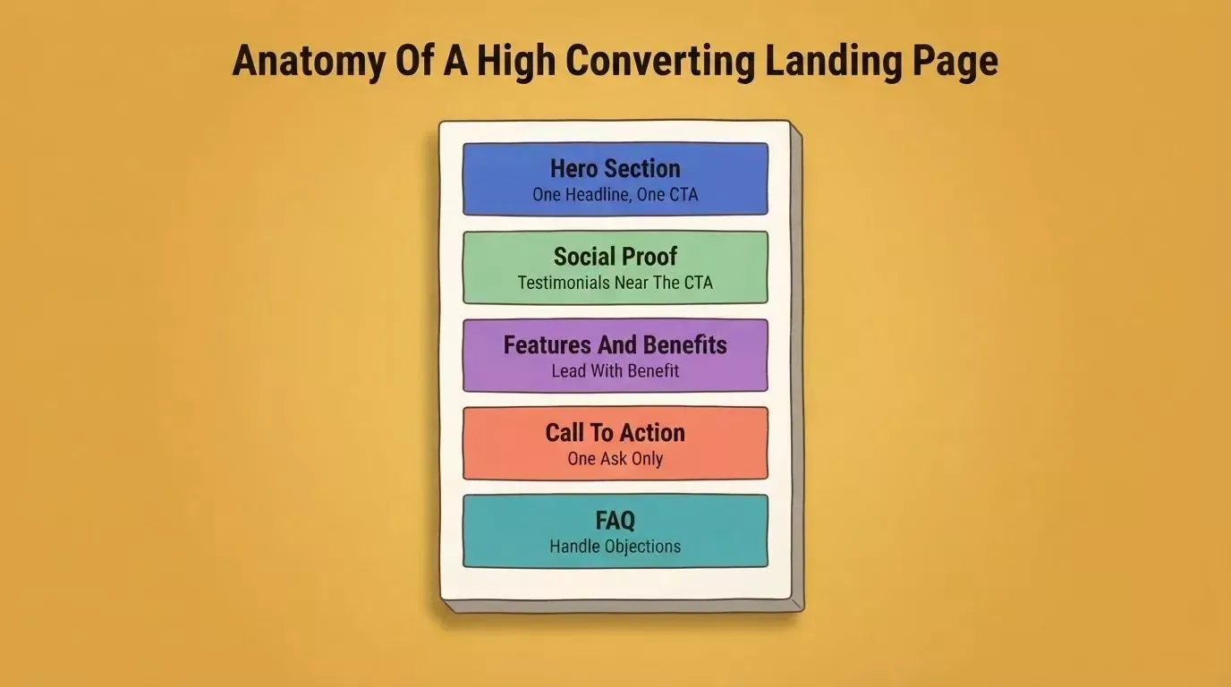 Anatomy of a high-converting landing page: five stacked sections, Hero, Social Proof, Features and Benefits, Call to Action, and FAQ with labels and descriptions