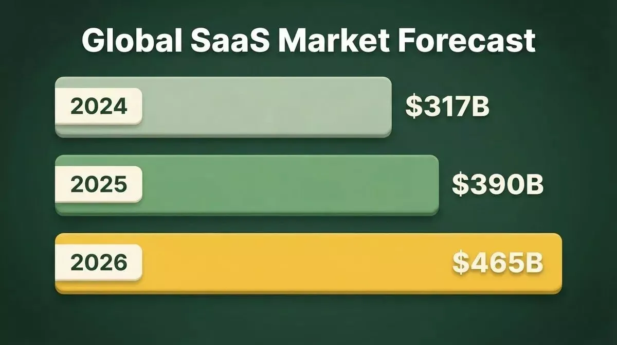 Global SaaS market forecast bar chart showing growth from $317B in 2024 to $390B in 2025 and $465B in 2026
