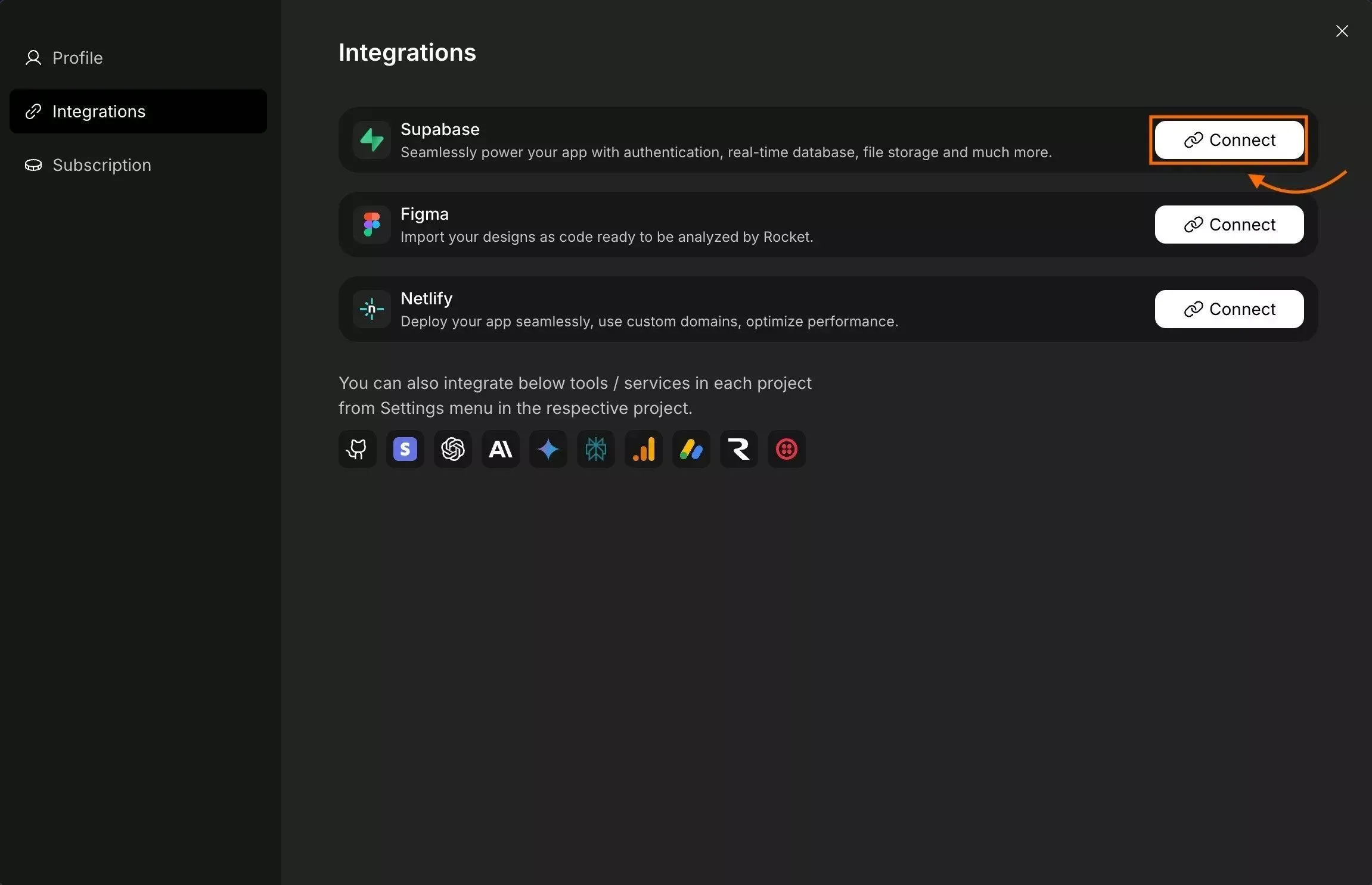 Rocket uses Supabase to scaffold a complete backend