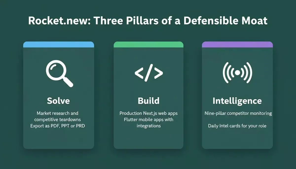 Rocket.new three pillars: Solve for research and reports, Build for Next.js and Flutter apps, Intelligence for nine-pillar monitoring