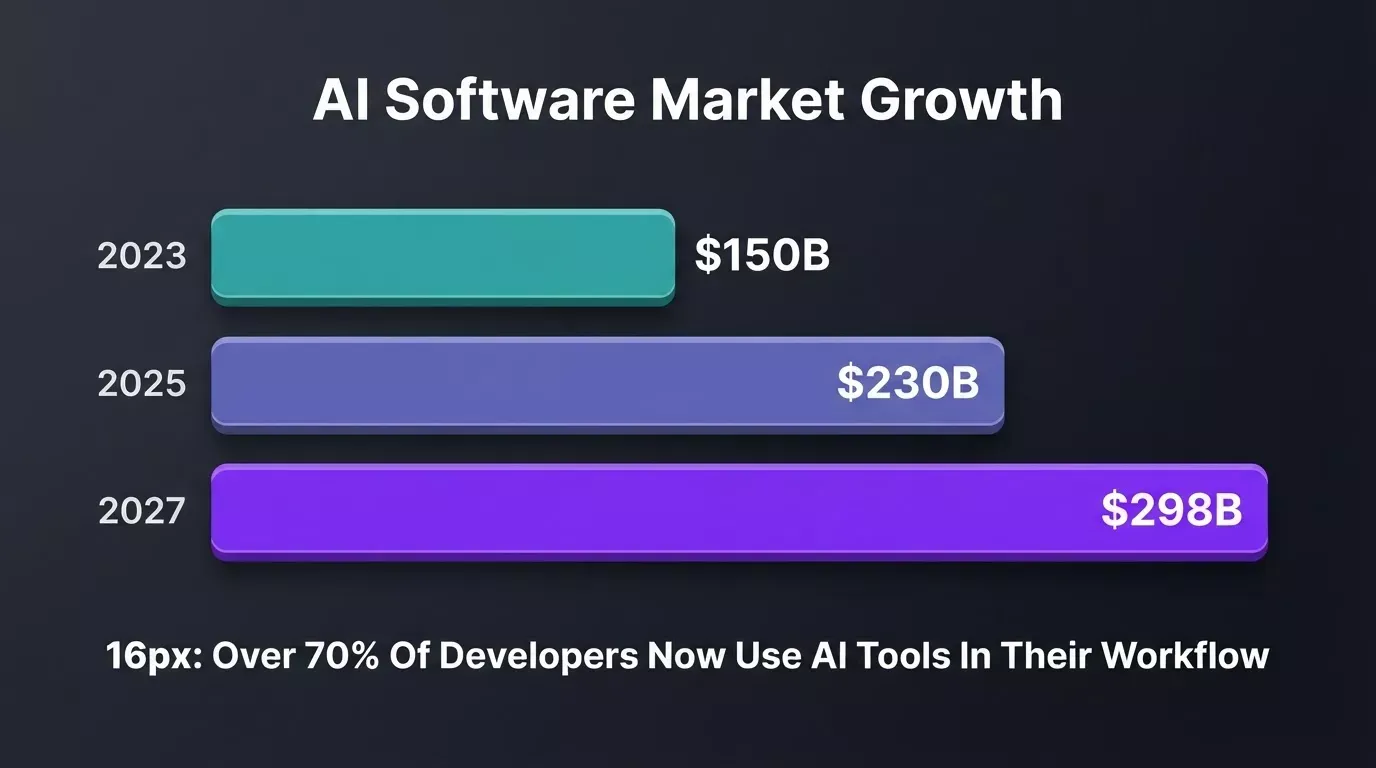 AI software market projected to grow from $150B in 2023 to $298B in 2027, with over 70% of developers now using AI tools in their workflow
