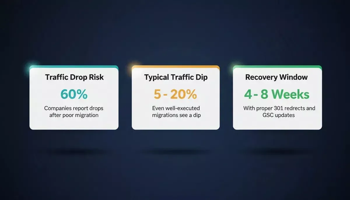 Three key website migration risk benchmarks showing 60% traffic drop risk, 5-20% typical dip, and 4-8 week recovery window with proper 301 redirects in place
