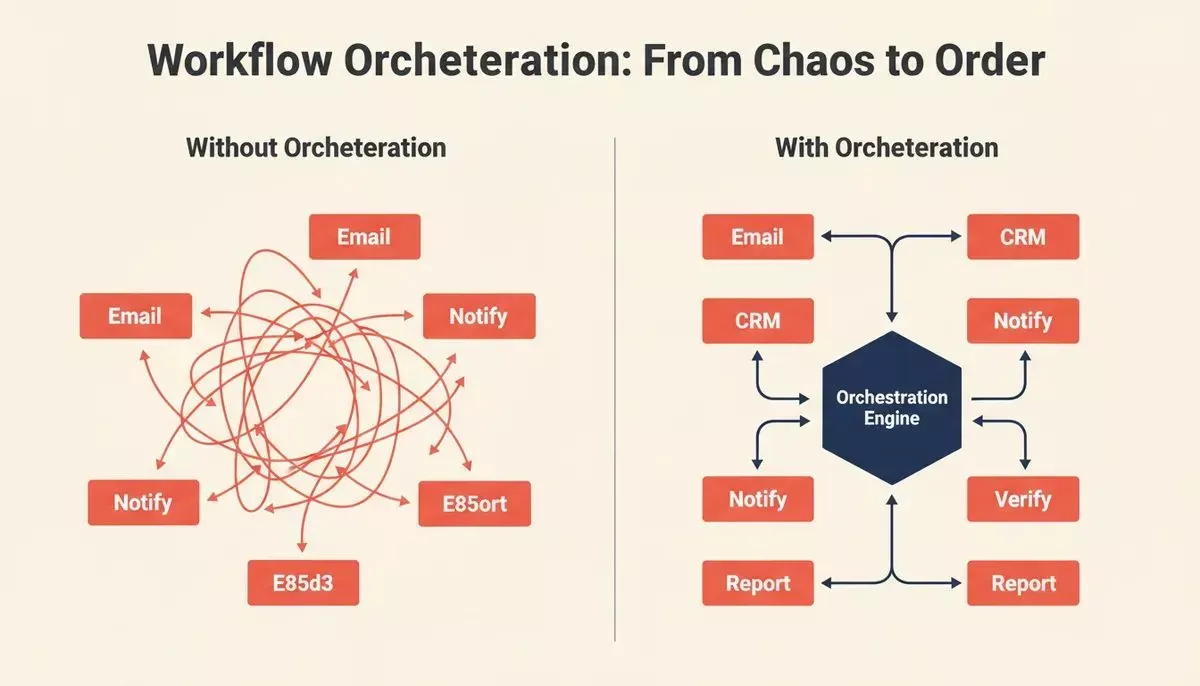 Workflow orchestration transforms scattered, chaotic task execution into a clean, ordered system with a central coordination hub
