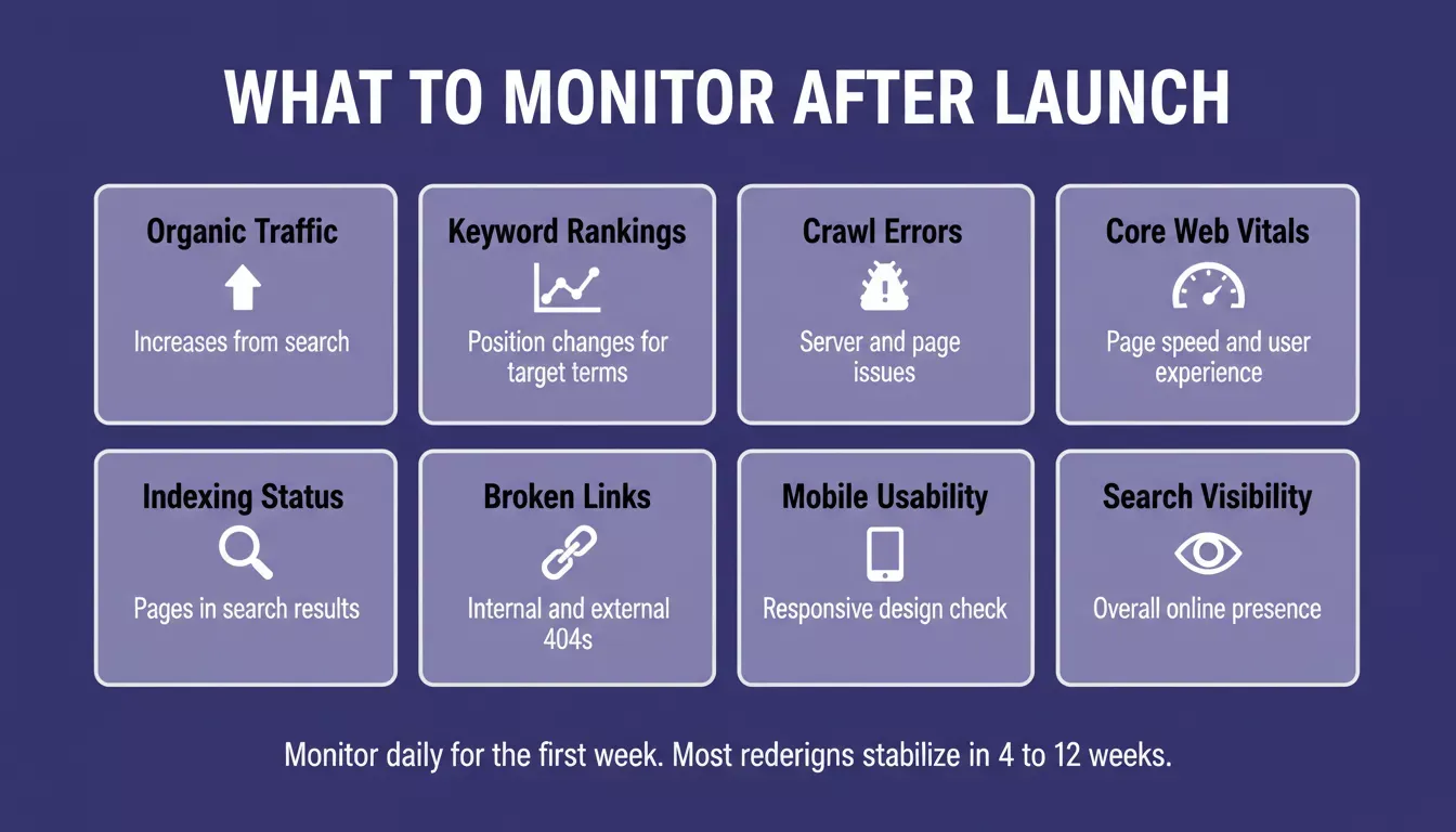 What to Monitor After Launch showing eight key metrics: organic traffic, keyword rankings, crawl errors, Core Web Vitals, indexing status, broken links, mobile usability, search visibility