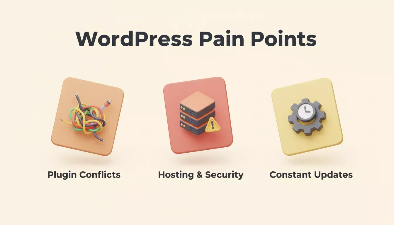 WordPress Pain Points illustration showing plugin conflicts, hosting and security, and constant updates as three floating 3D cards