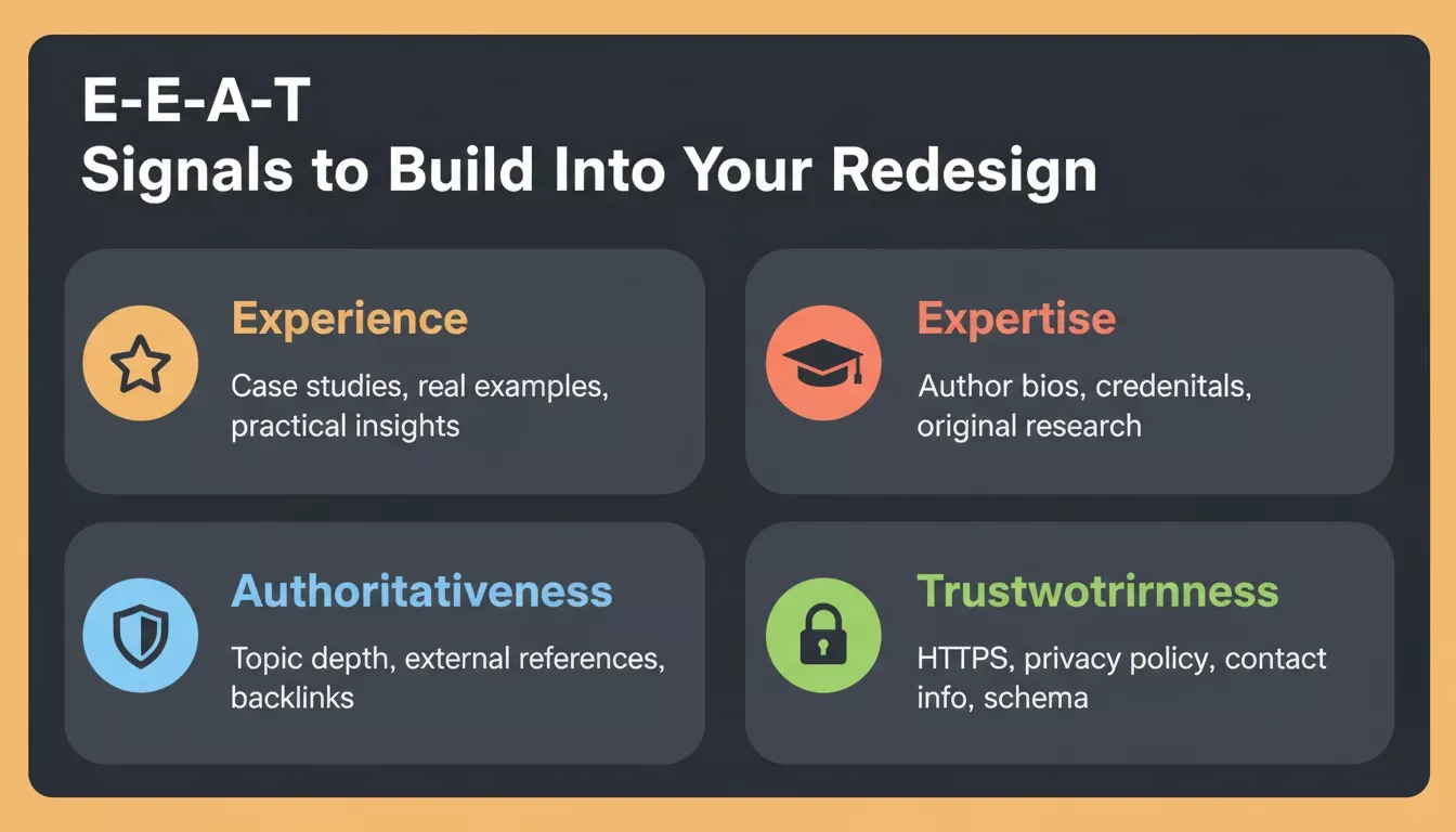 E-E-A-T Signals to Build Into Your Redesign showing Experience, Expertise, Authoritativeness, and Trustworthiness