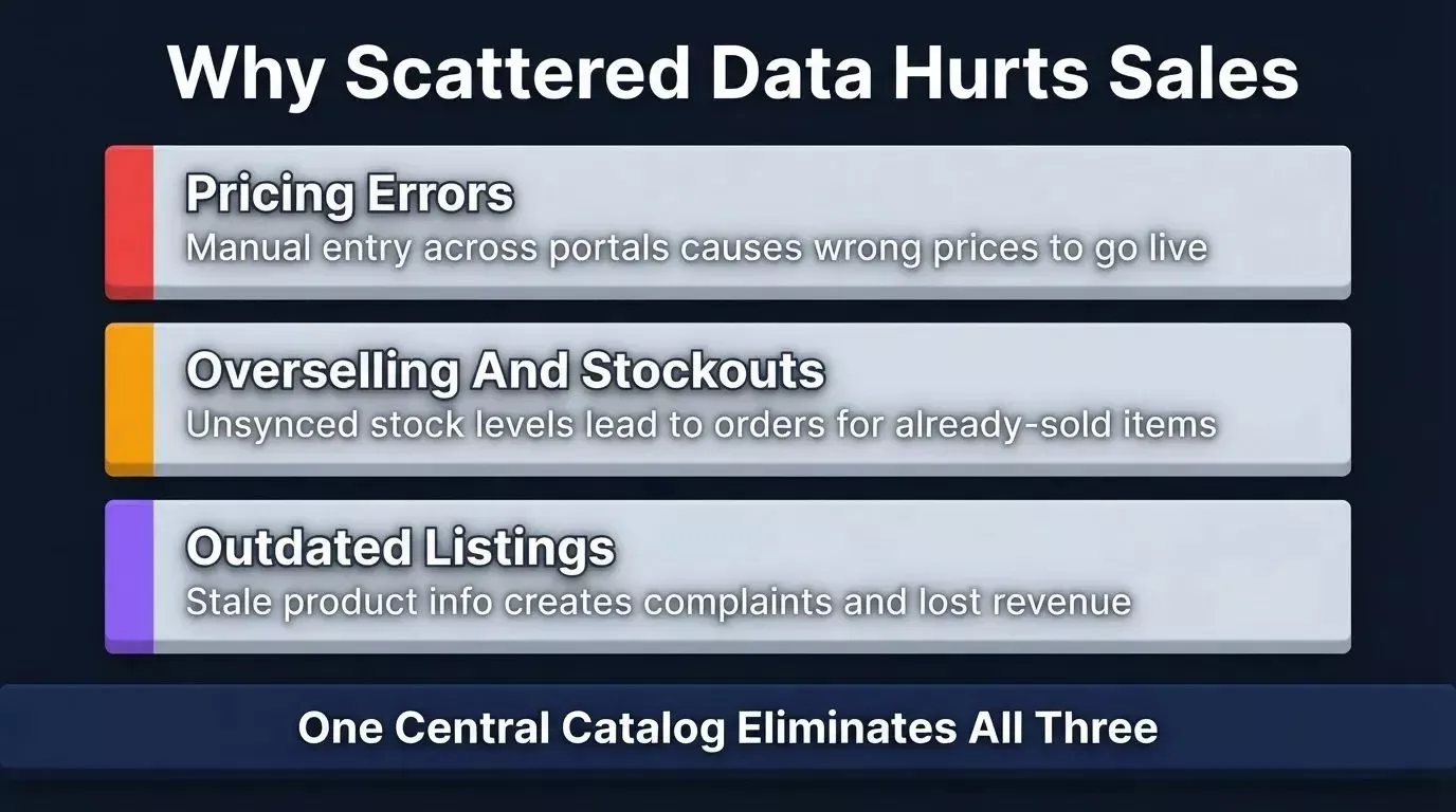 Three catalog management pain points: pricing errors from manual entry, overselling from unsynced stock, and outdated listings causing customer complaints