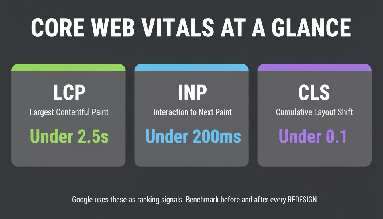 Core Web Vitals at a Glance showing LCP under 2.5s, INP under 200ms, CLS under 0.1