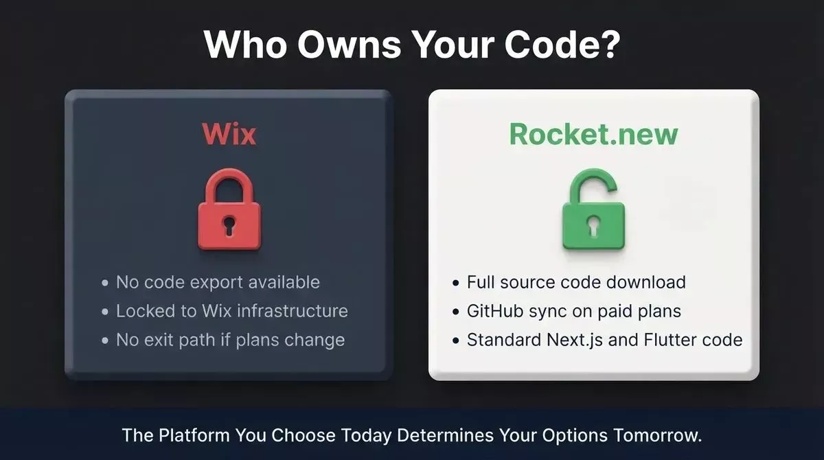 Code ownership comparison: Wix has no code export and locks you to its infrastructure, while Rocket.new provides full source download and GitHub sync on paid plans