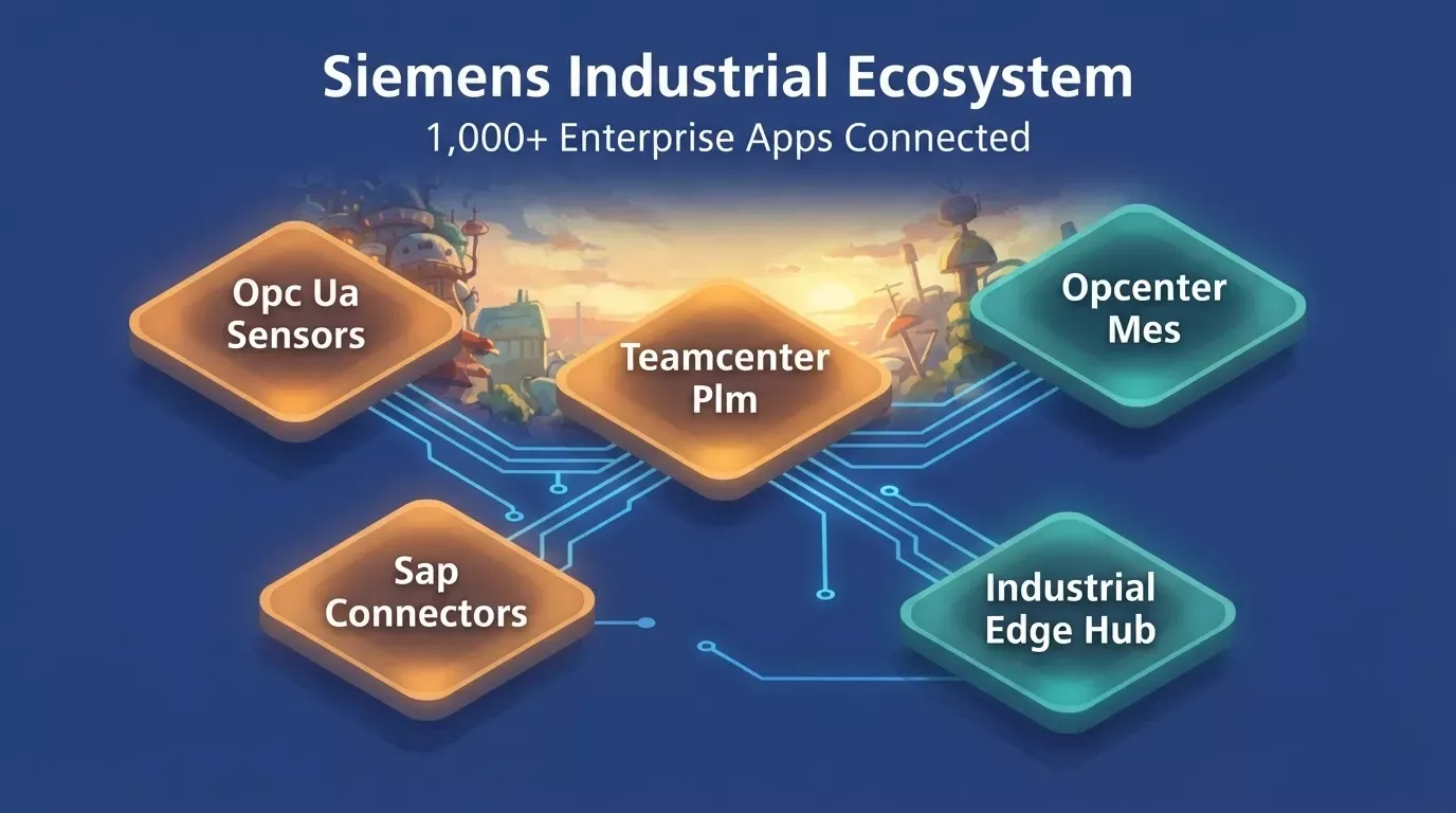 Siemens industrial ecosystem showing OPC UA sensors, Teamcenter PLM, Opcenter MES, SAP connectors and Industrial Edge Hub as 3D floating network nodes