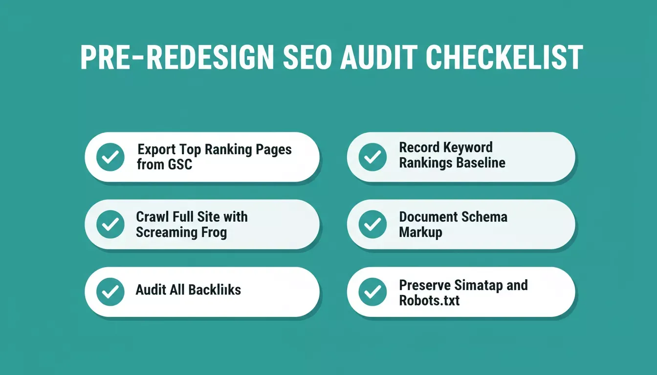 Pre-Redesign SEO Audit Checklist showing six key steps: export pages, crawl site, audit backlinks, record rankings, document schema, preserve sitemap
