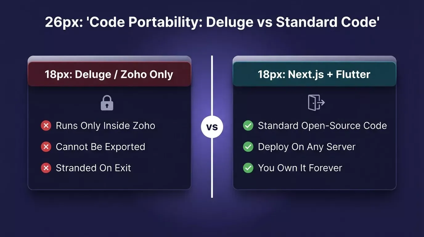 Split-screen showing Deluge code locked inside Zoho on the left versus portable Next.js and Flutter source code freely deployable on any server on the right