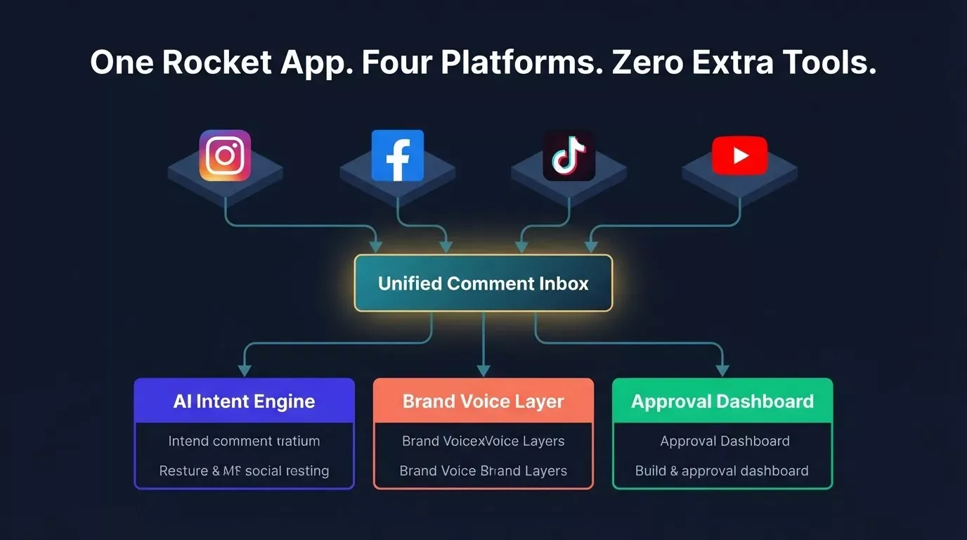 One app powering Instagram, Facebook, TikTok, and YouTube through a unified comment inbox, AI intent engine, and approval dashboard