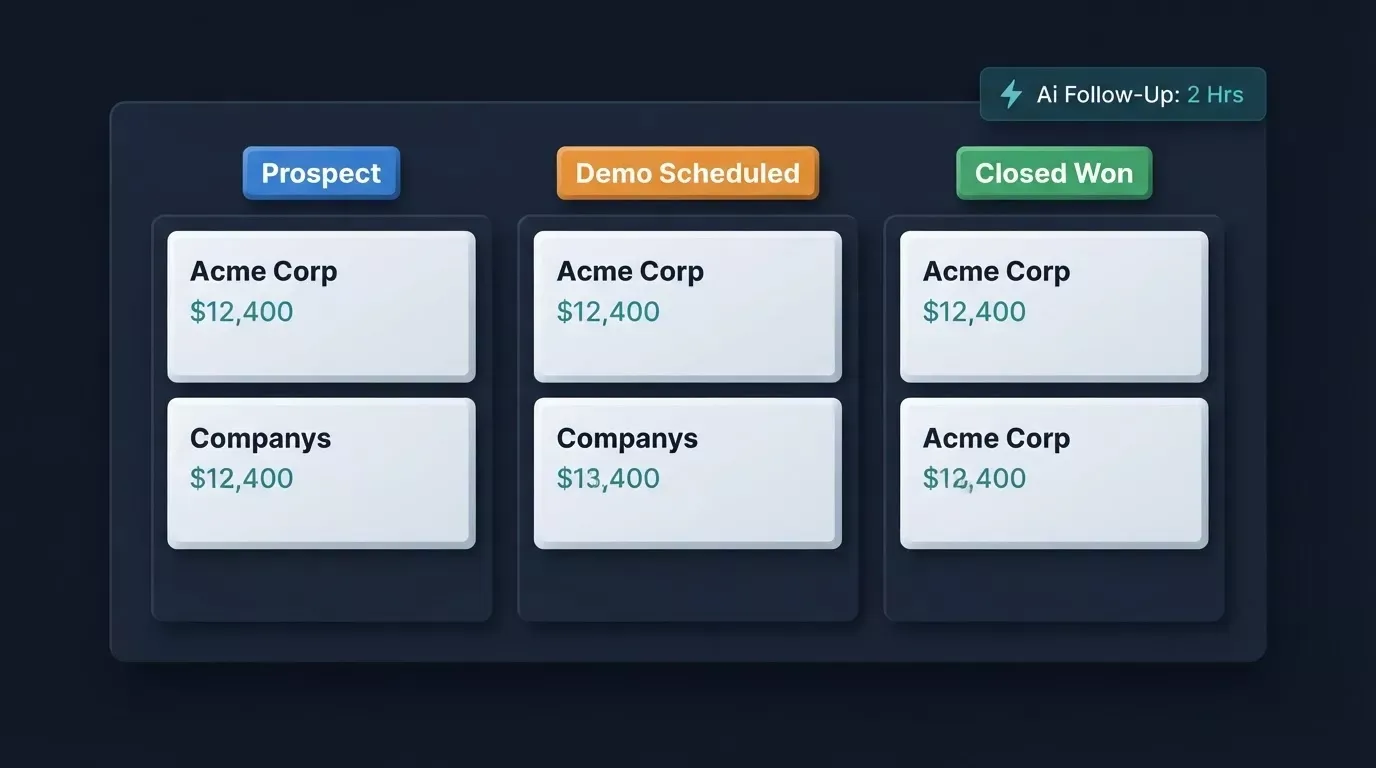 AI CRM pipeline board with Prospect, Demo Scheduled, and Closed Won columns, deal cards showing company names and values, and an AI follow-up badge in the corner