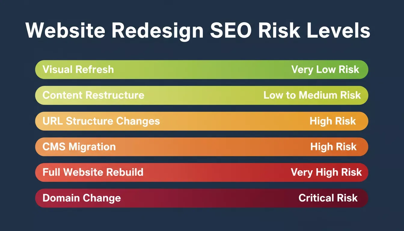 Website Redesign SEO Risk Levels showing six redesign types from Very Low to Critical risk