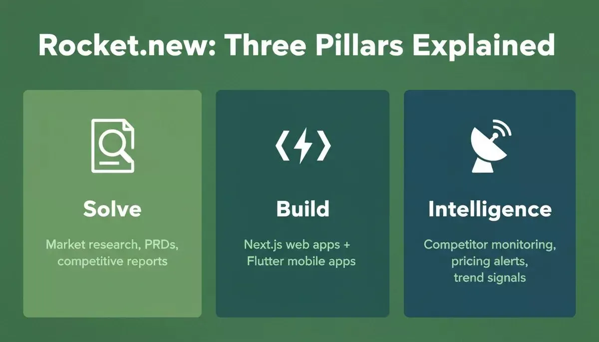 Rocket.new Three pillers: Solve, Build, Intelligence