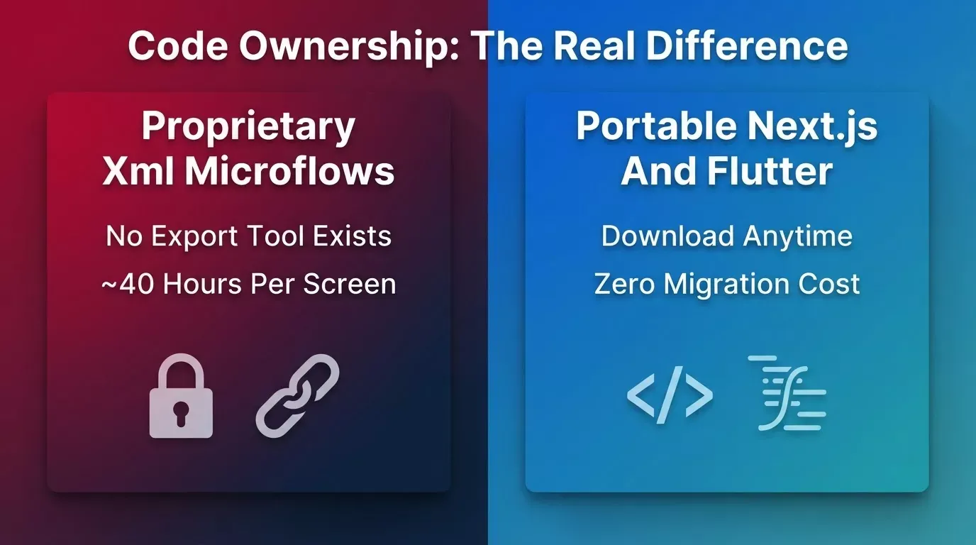 Split-screen with 3D panel depth: left panel shows Proprietary XML Microflows and 40hrs migration cost, right panel shows Portable Next.js and Flutter with zero cost