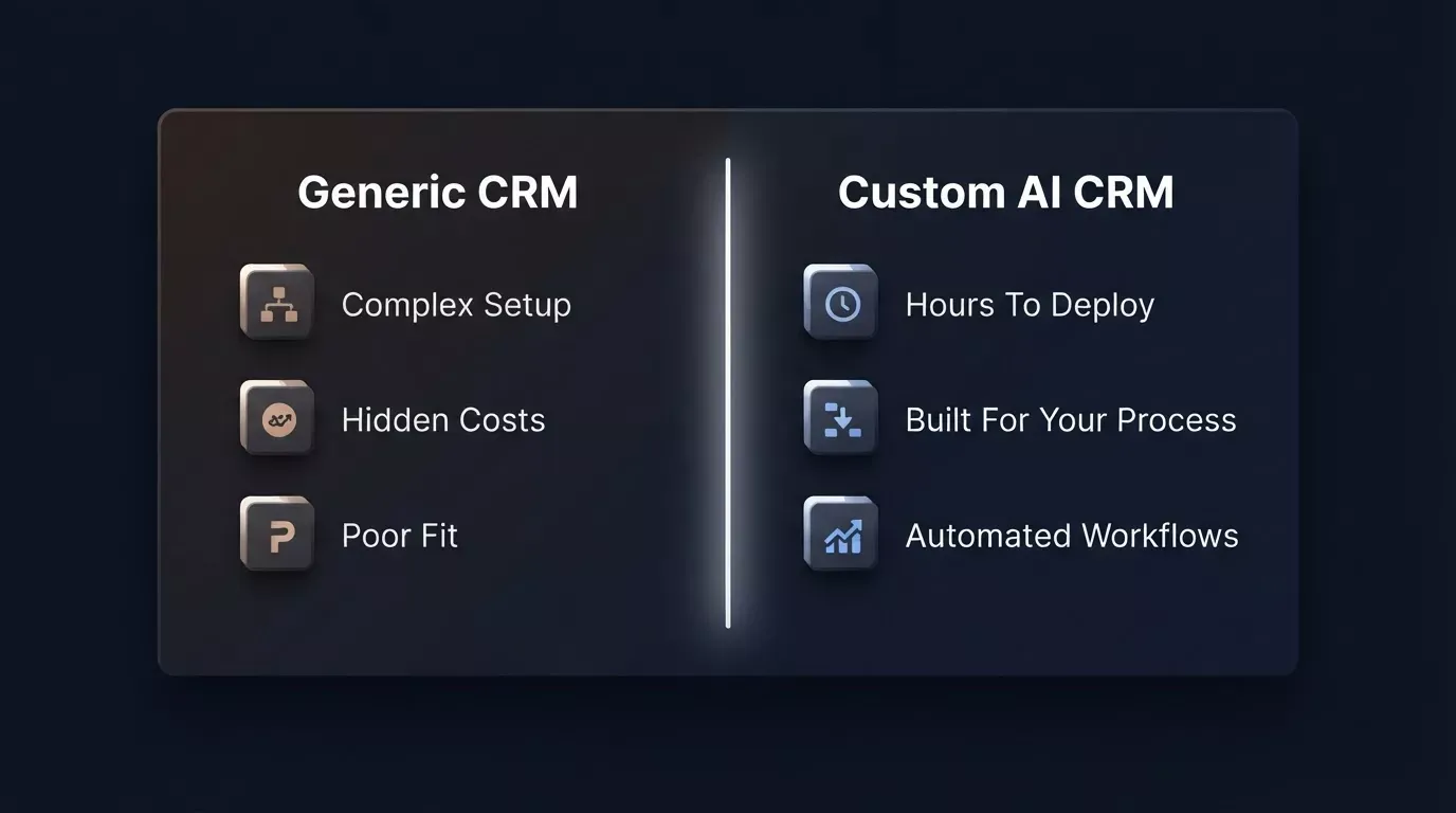 Split comparison: Generic CRM showing Complex Setup, Hidden Costs, Poor Fit versus Custom AI CRM showing Hours To Deploy, Built For Your Process, Automated Workflows