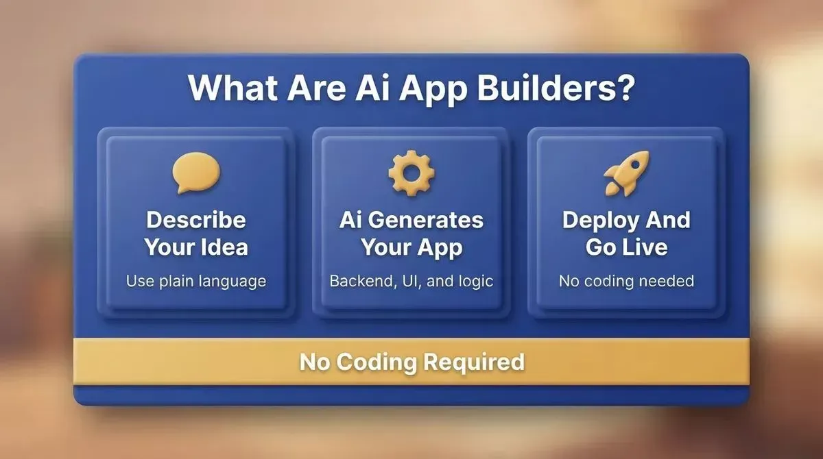 Three-step AI app builder process: describe your idea in natural language, AI generates backend and UI, deploy a working app. No coding required.