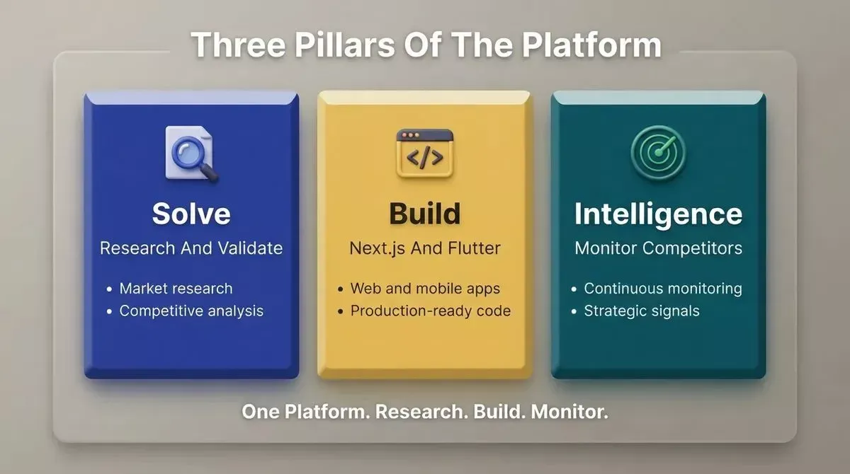 Rocket.new platform three pillars: Solve for research and validation, Build for Next.js and Flutter apps, Intelligence for monitoring competitors.