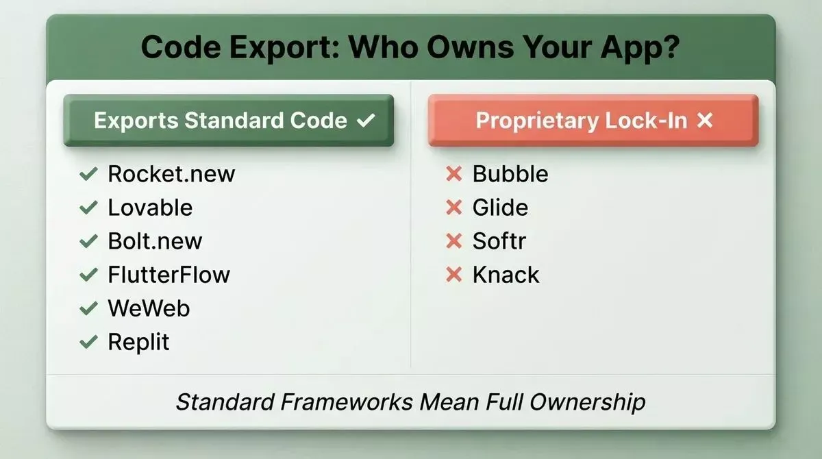 Code export comparison chart: tools with standard framework export versus tools with proprietary lock-in. Standard code means full app ownership.