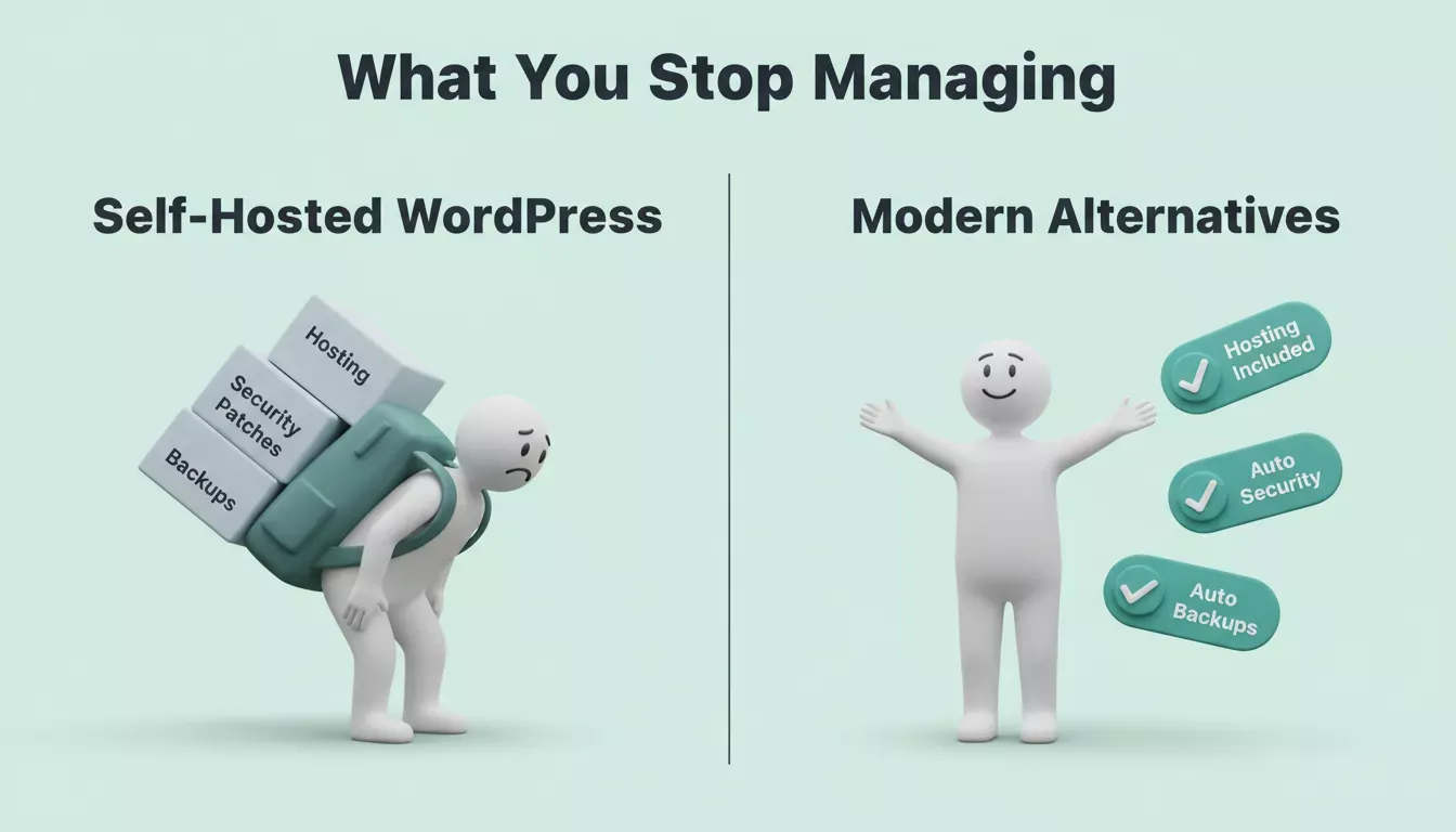 What You Stop Managing illustration comparing self-hosted WordPress burden versus modern alternatives handling it automatically