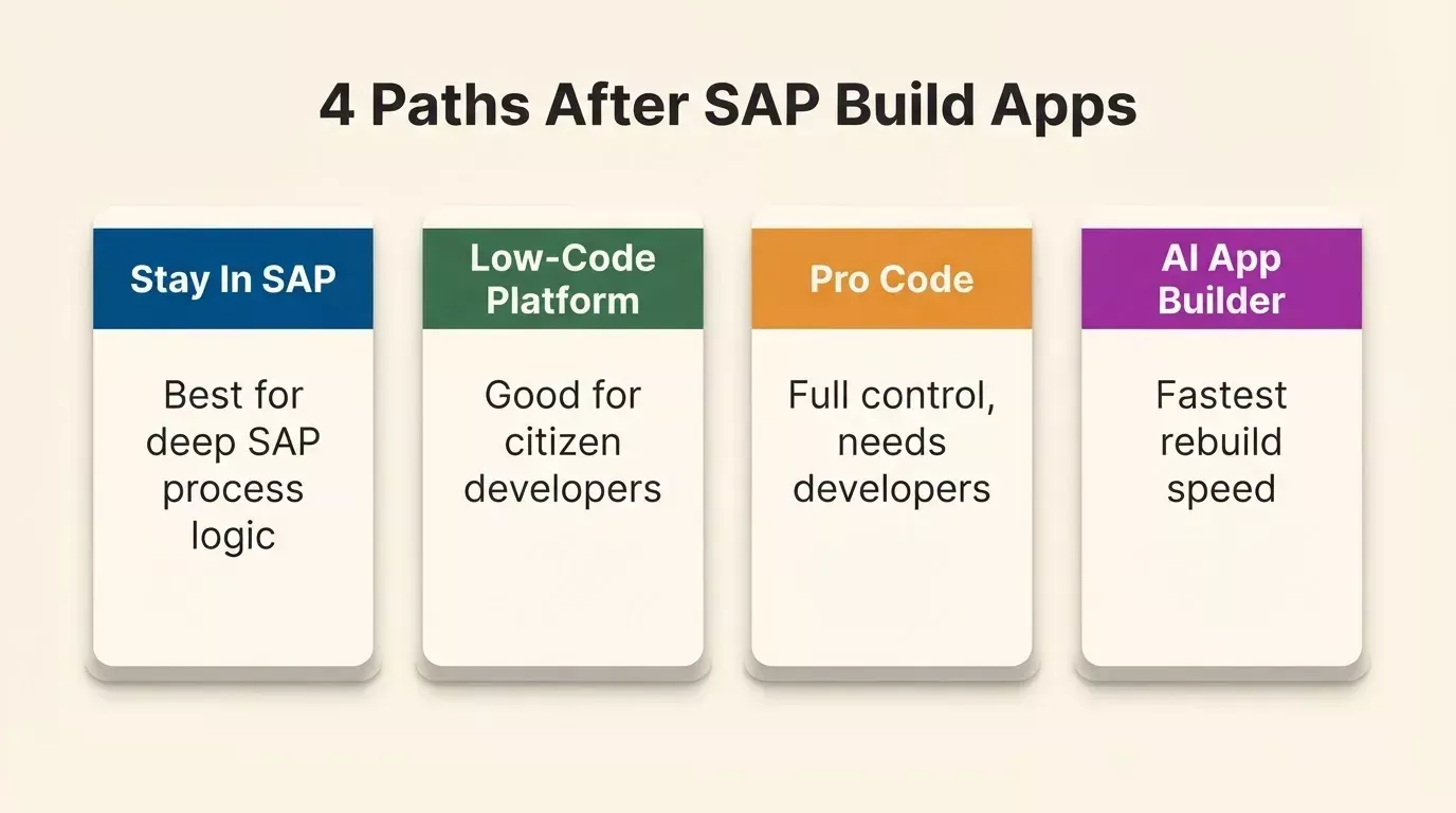 Four migration paths after SAP Build Apps: Stay in SAP ecosystem, Low-Code Platform for citizen developers, Pro Code for full control, AI App Builder for fastest rebuild speed