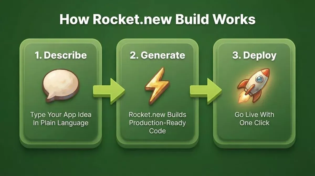 Process flow showing how Rocket.new Build works: Step 1 Describe your app idea, Step 2 Rocket.new generates production-ready code, Step 3 Deploy with one click