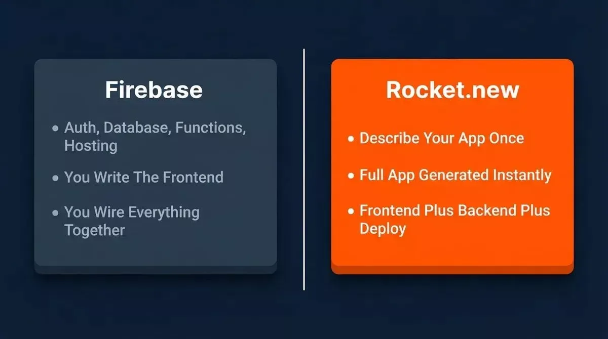 Firebase vs Rocket.new: Firebase provides auth, database, functions and hosting but requires you to build the frontend. Rocket.new generates the full app instantly.