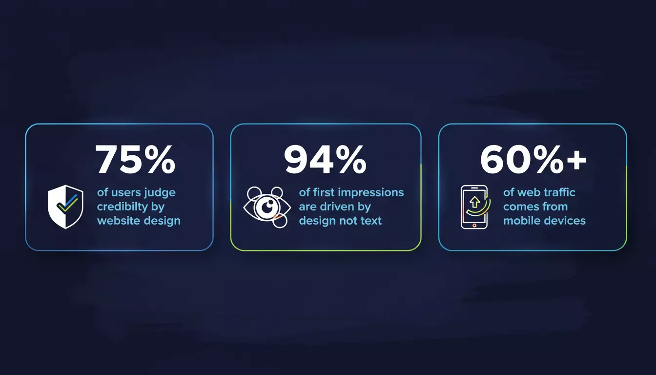 Portfolio website statistics showing 75% credibility, 94% first impressions, 60% mobile traffic