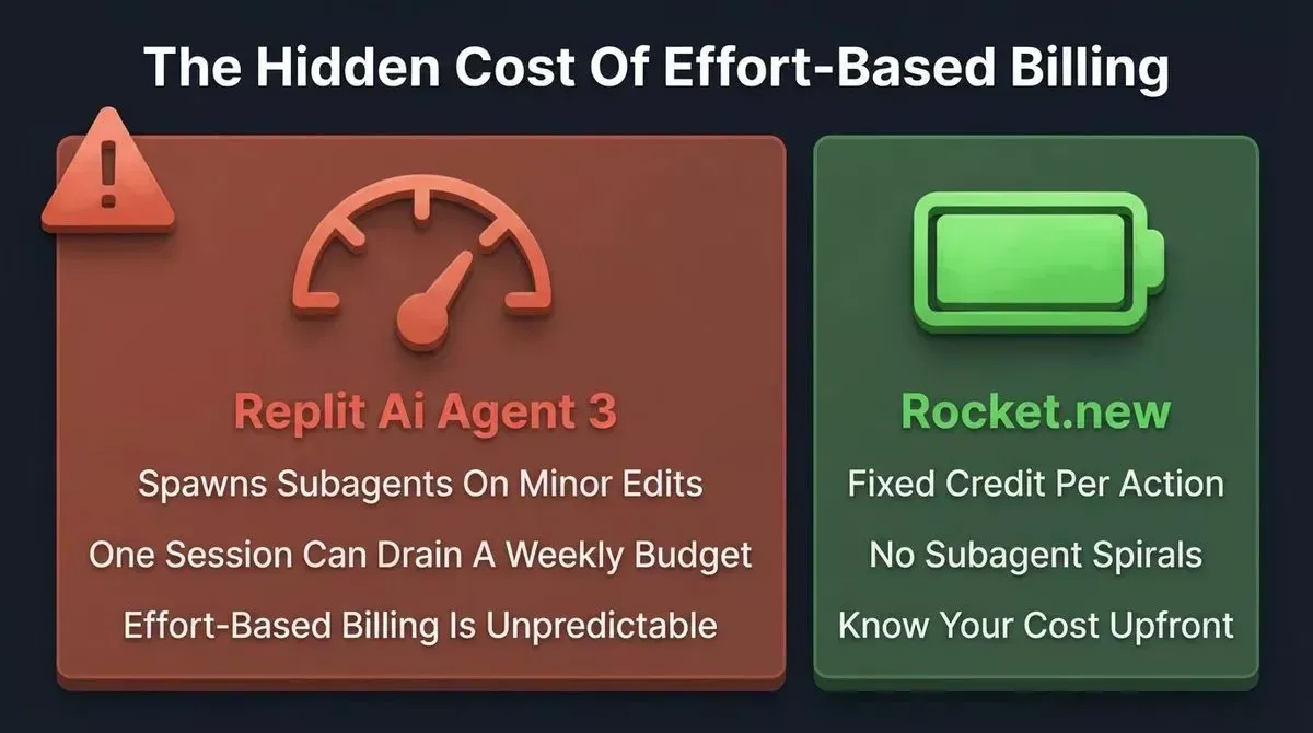 Warning infographic showing Replit AI Agent 3 depleting credits with subagent billing spirals on the left versus Rocket.new's stable fixed credit per action on the right