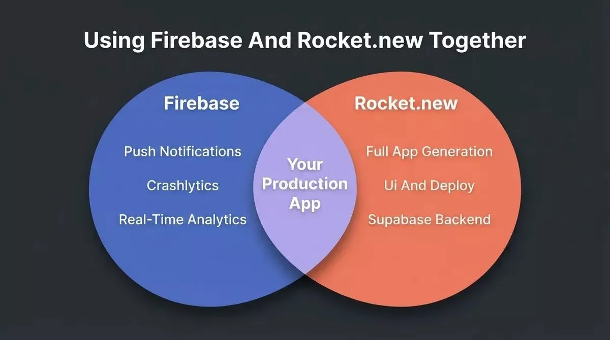 Using Firebase And Rocket.new Together Venn diagram showing Firebase for push notifications and analytics, Rocket.new for full app generation with shared production app