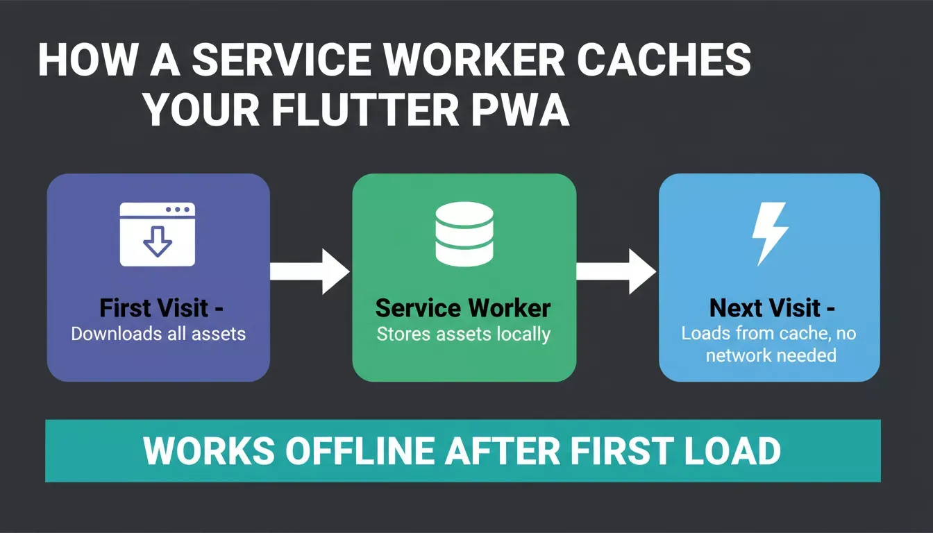 How a service worker caches your Flutter PWA - three step flow