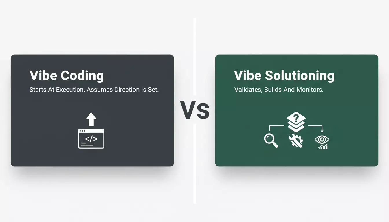 Split-screen comparison: Vibe Coding starts at execution and assumes direction is set; Vibe Solutioning validates, builds and monitors