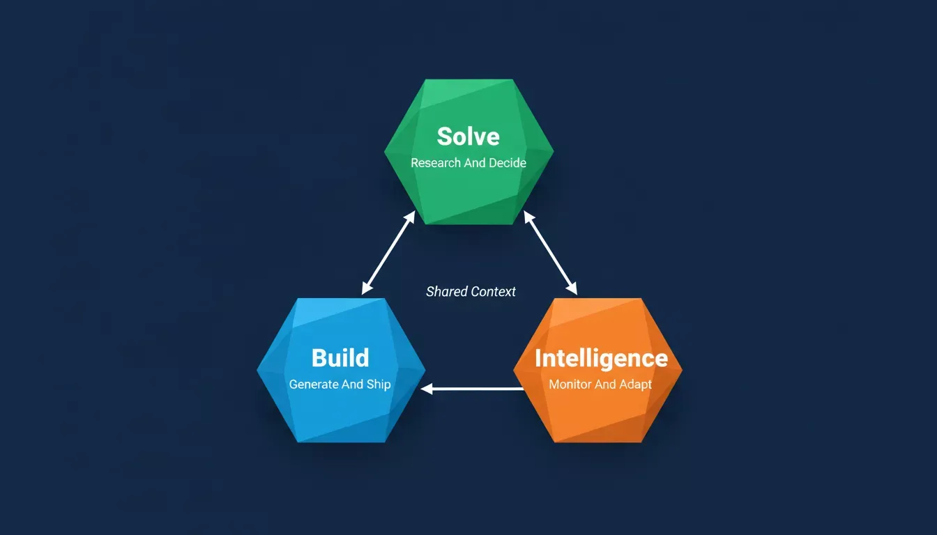Triangle diagram: Solve for research and decide in emerald green, Build for generate and ship in electric blue, Intelligence for monitor and adapt in orange, connected by Shared Context
