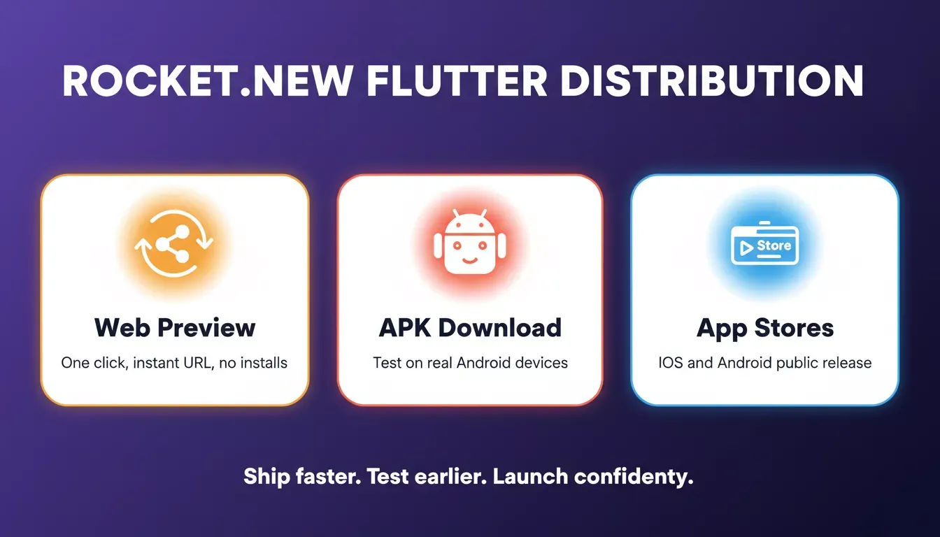 Rocket.new Flutter distribution: Web Preview, APK, and App Stores