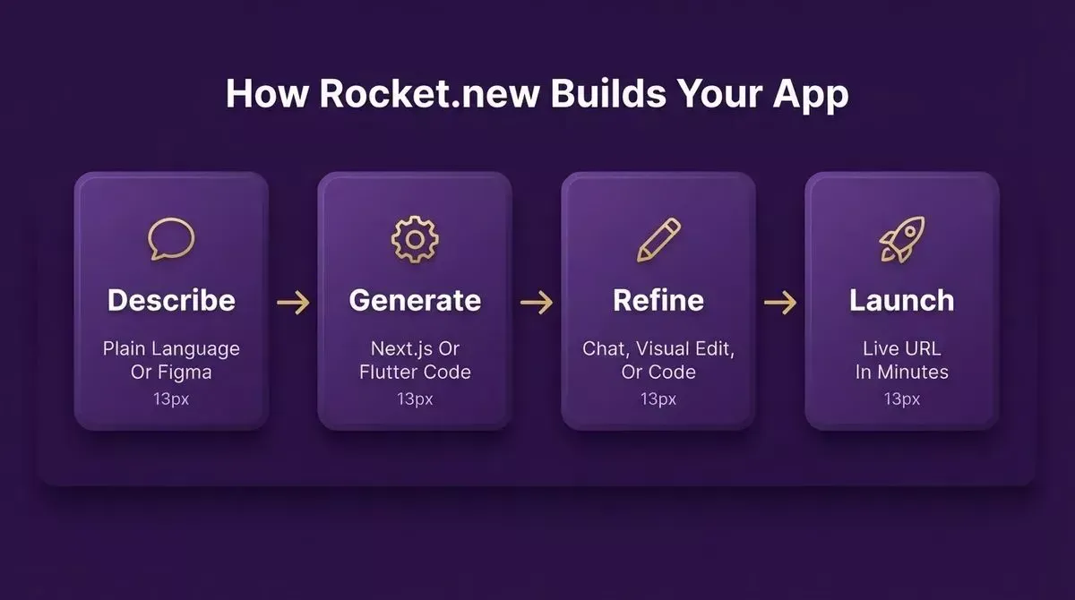 How Rocket.new builds your app in four steps: Describe, Generate Next.js or Flutter code, Refine through chat or visual edit, and Launch to a live URL