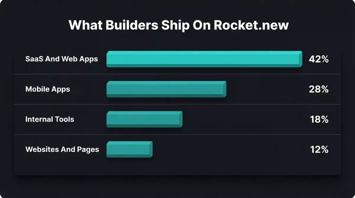 Data chart showing build distribution on Rocket.new: SaaS and Web Apps 42%, Mobile Apps 28%, Internal Tools 18%, Websites and Pages 12%