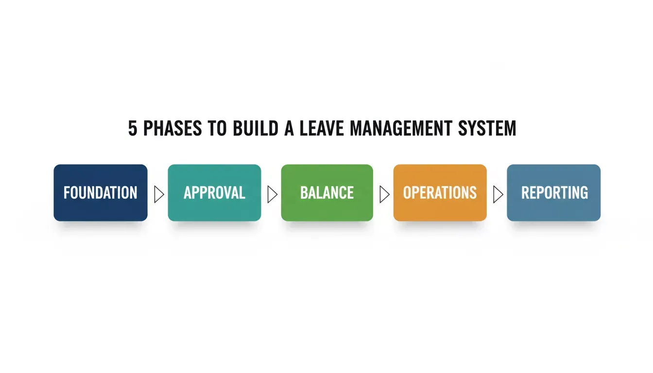 Infographic showing five phases of leave management system build: Foundation, Approval, Balance, Operations, and Reporting
