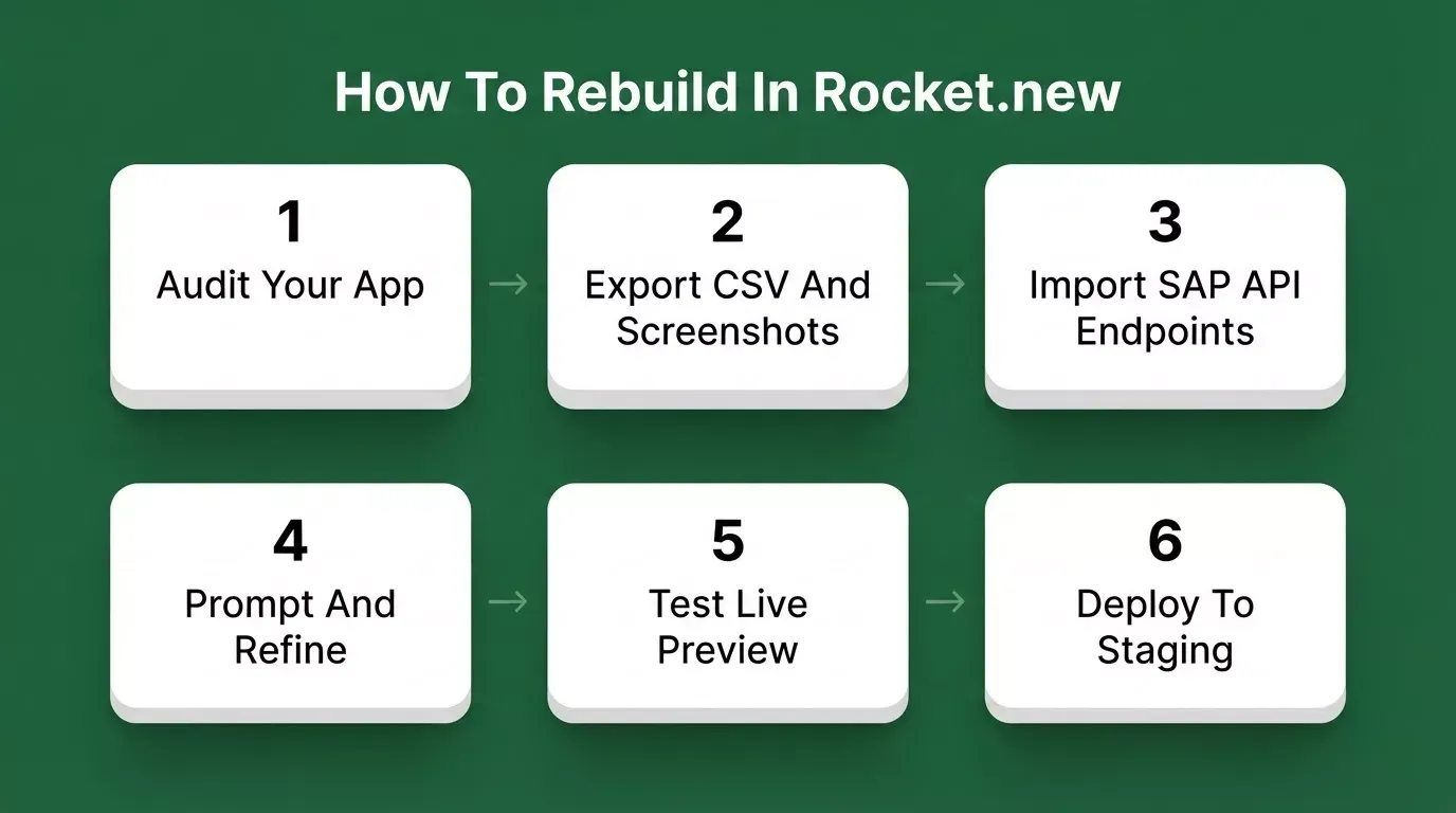 How to rebuild in Rocket.new in 6 steps: audit app, export CSV and screenshots, import SAP API endpoints, prompt and refine, test live preview, deploy to staging
