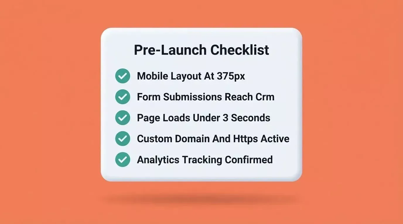 Five-step pre-launch checklist for AI-generated landing pages covering mobile layout, forms, page speed, domain, and analytics