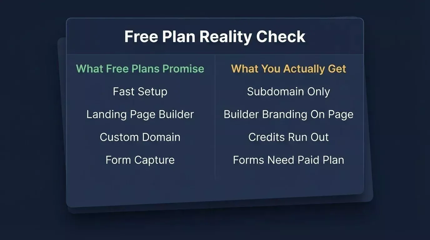Free plan reality check comparing what landing page builders promise versus what users actually receive on free tiers
