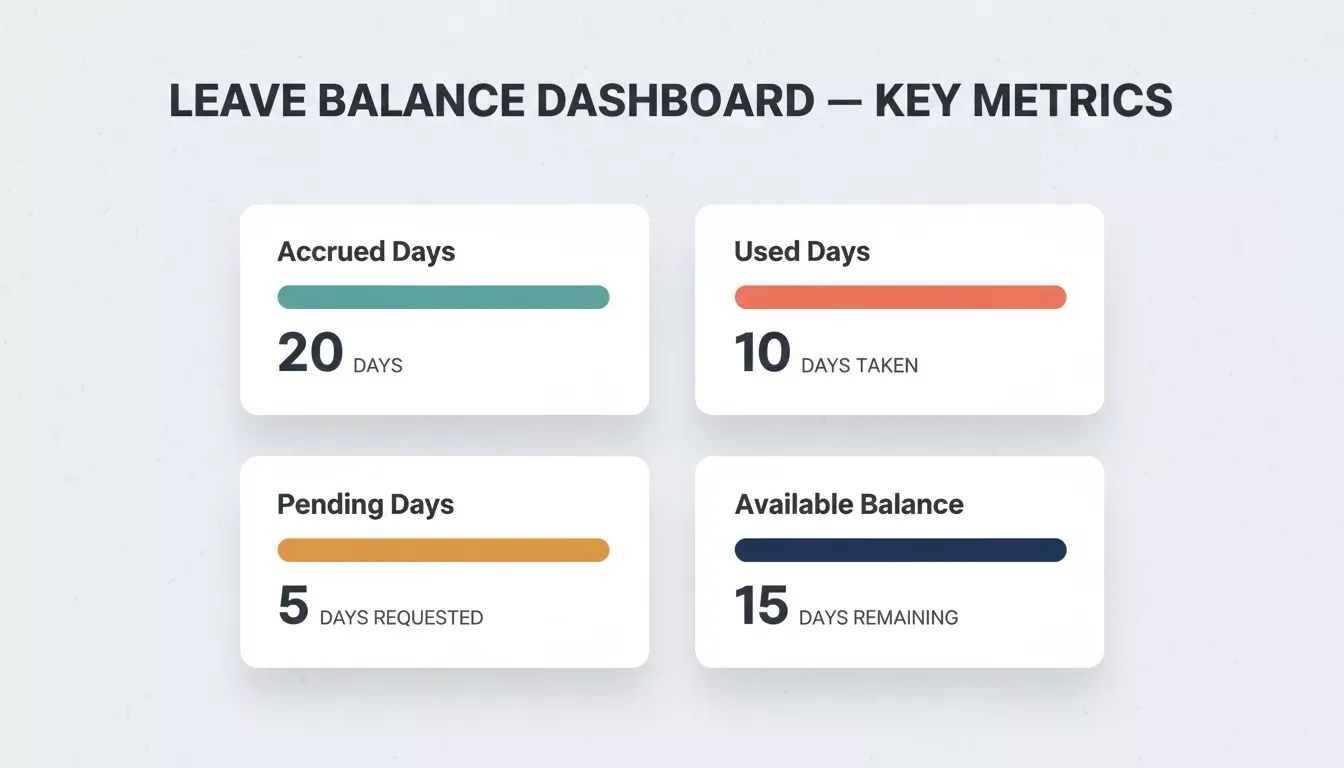 Infographic showing four leave balance metric cards: Accrued Days in teal, Used Days in coral, Pending Days in amber, and Available Balance in navy