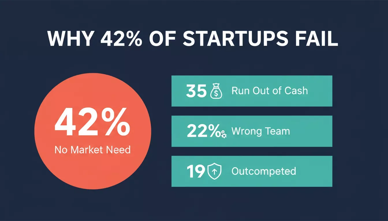 Why 42% of Startups Fail: data-driven infographic showing startup failure reasons