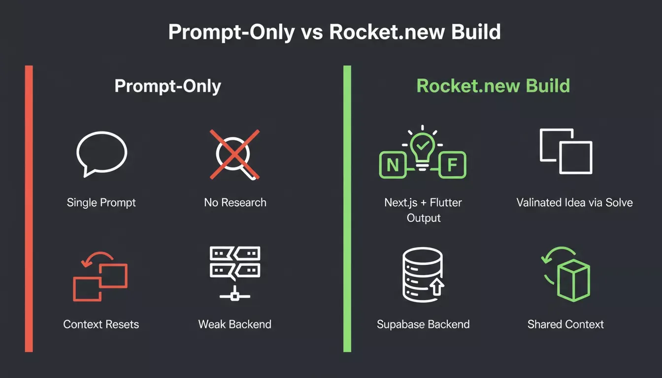 Prompt-Only vs Rocket.new Build comparison showing context reset vs shared context