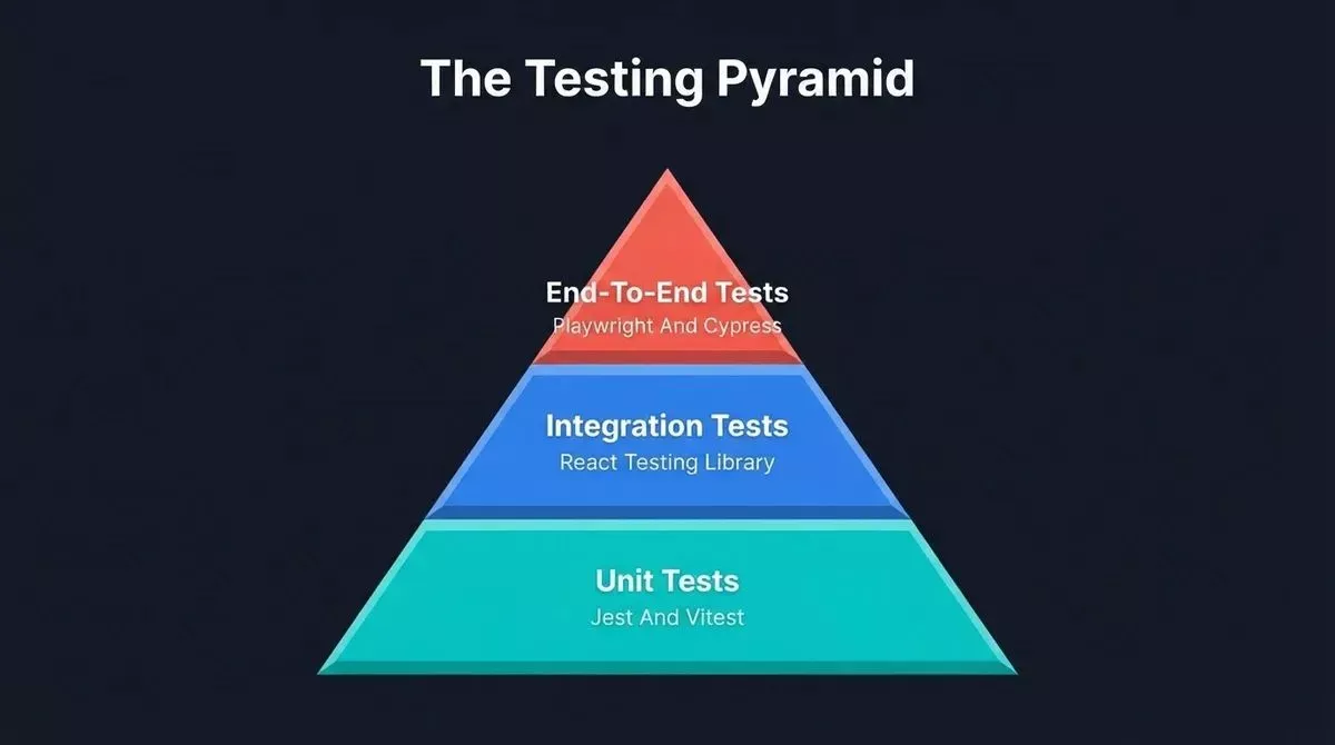 3D pyramid with three layers: Unit Tests with Jest and Vitest at base in teal, Integration Tests in middle in blue, End-To-End Tests at top in coral red
