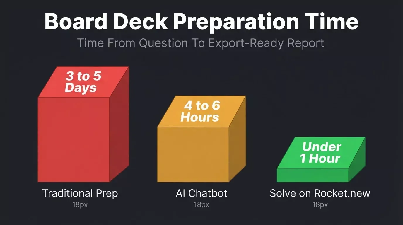 Ccomparing board deck prep time: Traditional 3 to 5 days, AI Chatbot 4 to 6 hours, Solve on Rocket.new under 1 hour