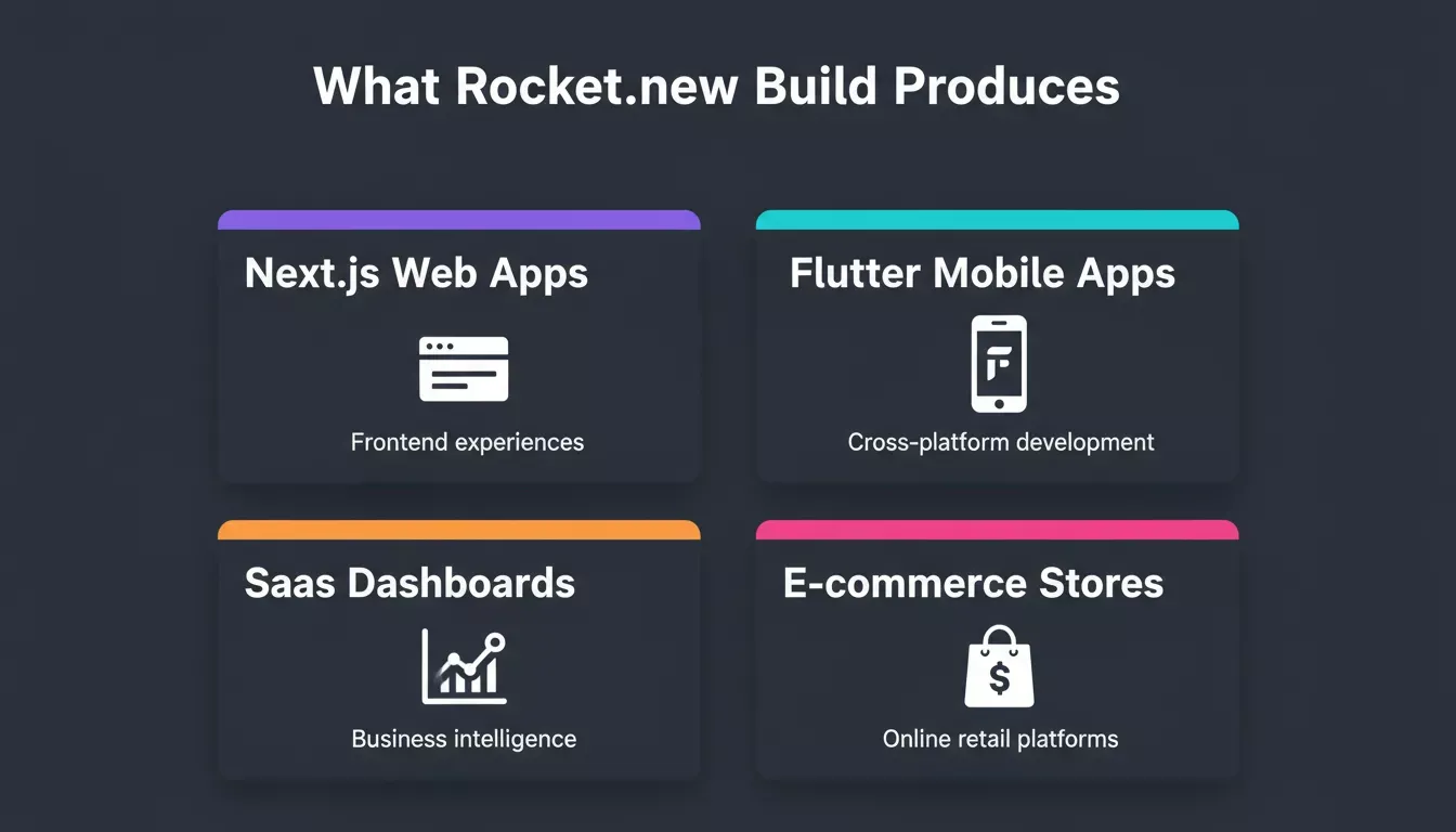 What Rocket.new Build Produces: Next.js web apps, Flutter mobile apps, SaaS dashboards, e-commerce stores