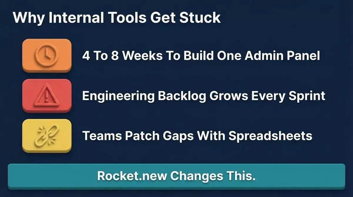 Why internal tools get stuck: 4 to 8 weeks to build one admin panel, engineering backlog grows every sprint, teams patch gaps with spreadsheets. 