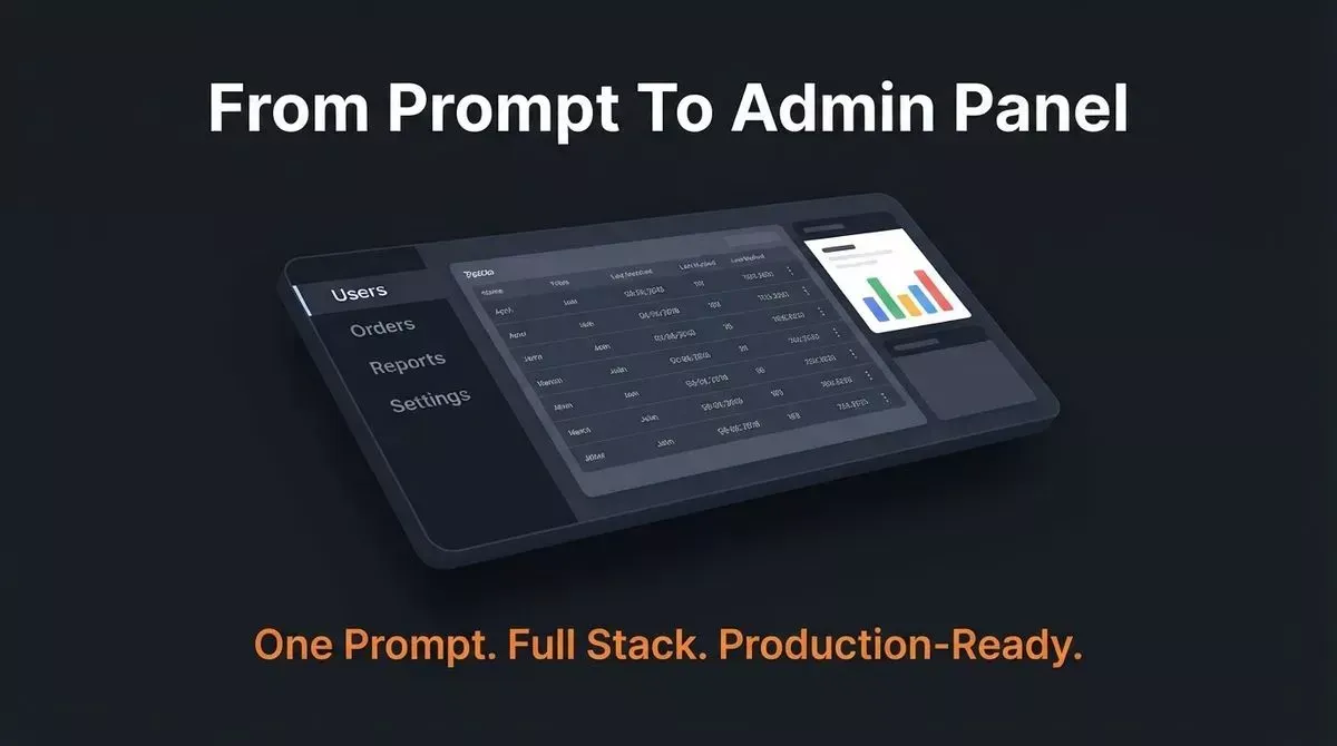 Admin panel UI mockup showing sidebar navigation with Users, Orders, Reports, Settings, a data table, and a bar chart generated from a single prompt in Rocket.new.